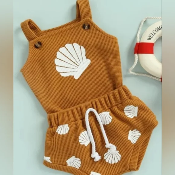Baby Girl Seashell Bodysuit High Waist Waffle Knit Short 2Pc Kid Summer Set 3-6M - Picture 2 of 7